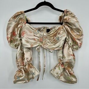 ASOS Design Puff Sleeve Top Champagne Jacquard Tank Asian Dragon Cropped US 6